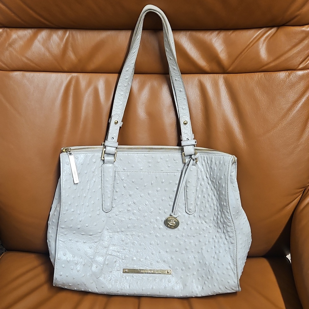 Brahmin Ostrich Embossed Leather Tote Bag Light Grey